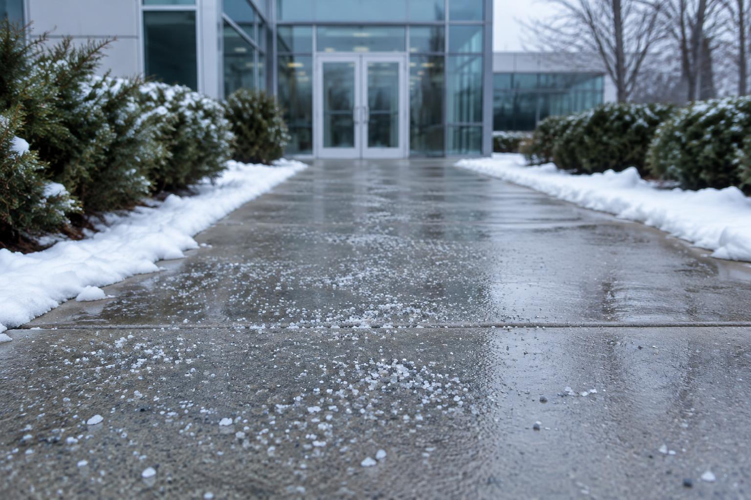 A cleared, salted walkway leading to a building entrance, with snow banked neatly along both sides