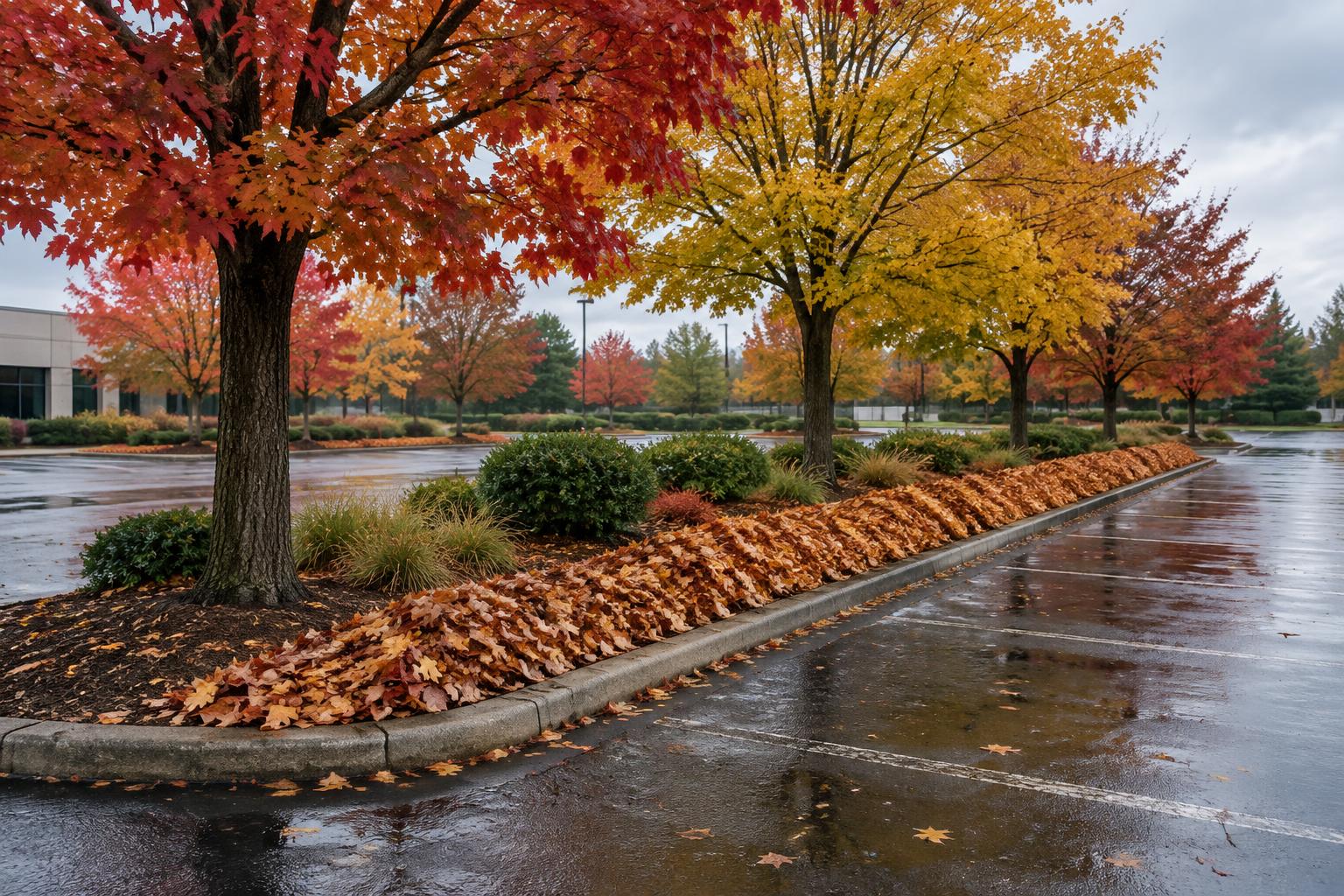 Leaves raked into a tidy windrow along the curb of a wet commercial parking lot, the bed and walk behind it already clear